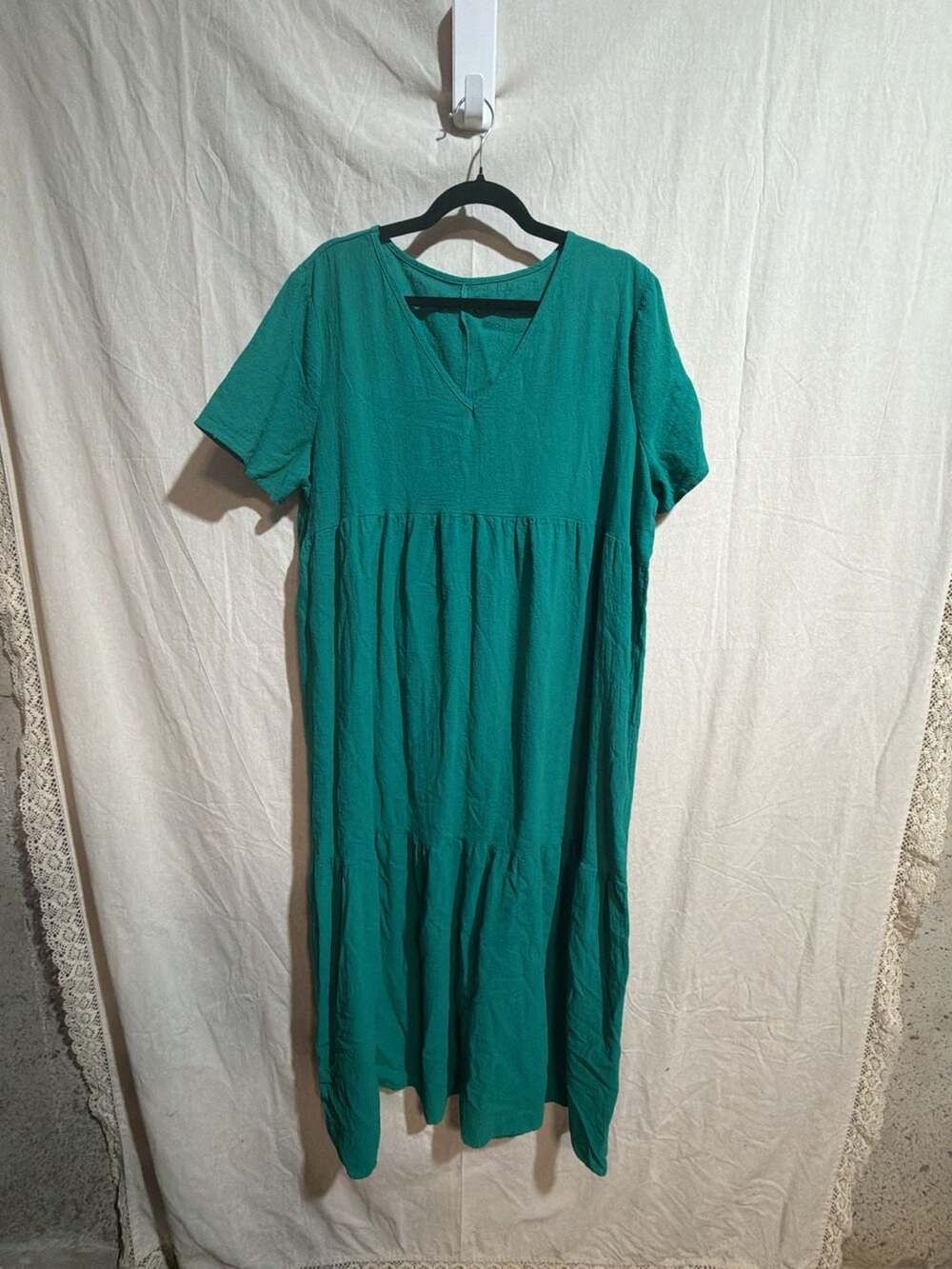 Roman Curve Green Textured V-Neck Tiered Midi Dress